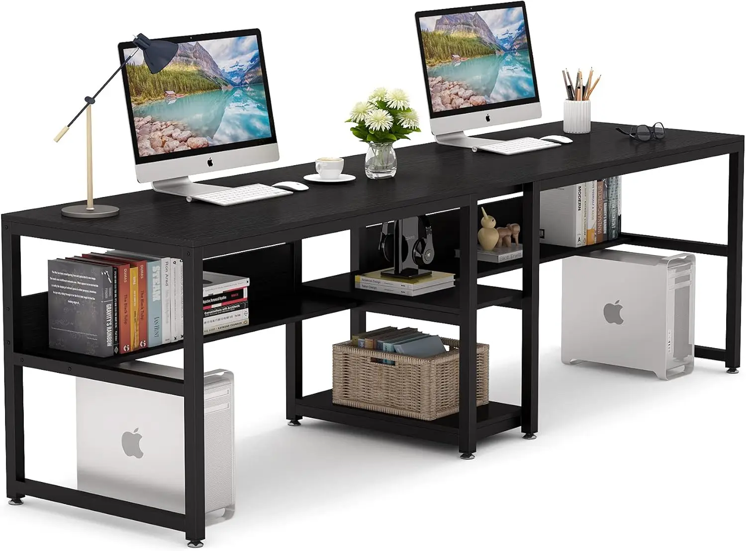 Two Person Desk with Bookshelf 78.7 Computer Office Double Desk for Two Person Rustic Writing Desk Workstation with Shelf