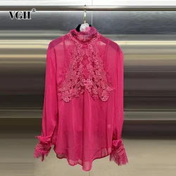 VGH Solid Patchwork Lace Sheer T Shirts For Women Stand Collar Flare Sleeve Temperament Slimming Sexy Loose T Shirt Female New