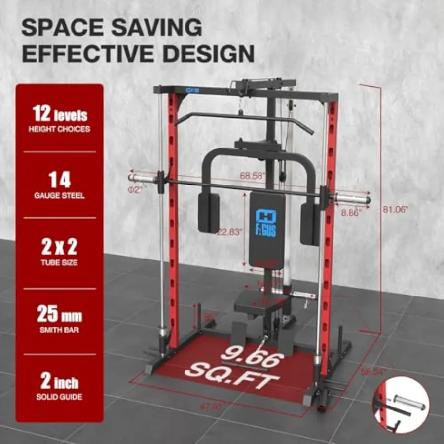 Home gym squat rack with pulley system steel frame black finish space-saving design for full-body strength training including P