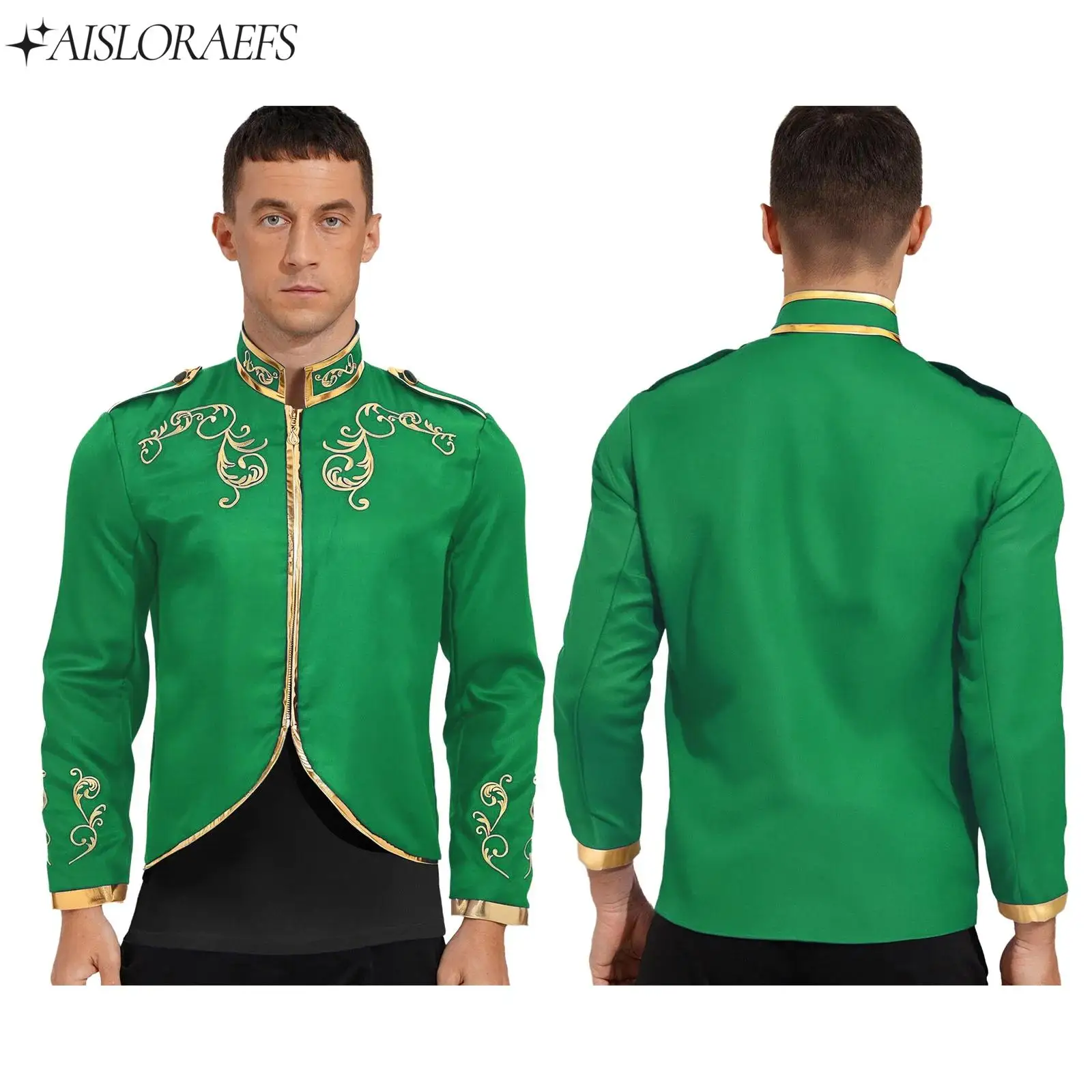 

Men Medieval Renaissance Halloween Cosplay Costume Victorian Royal Palace Prince Shirt Long Sleeves Gold Embroidered Zipper Coat