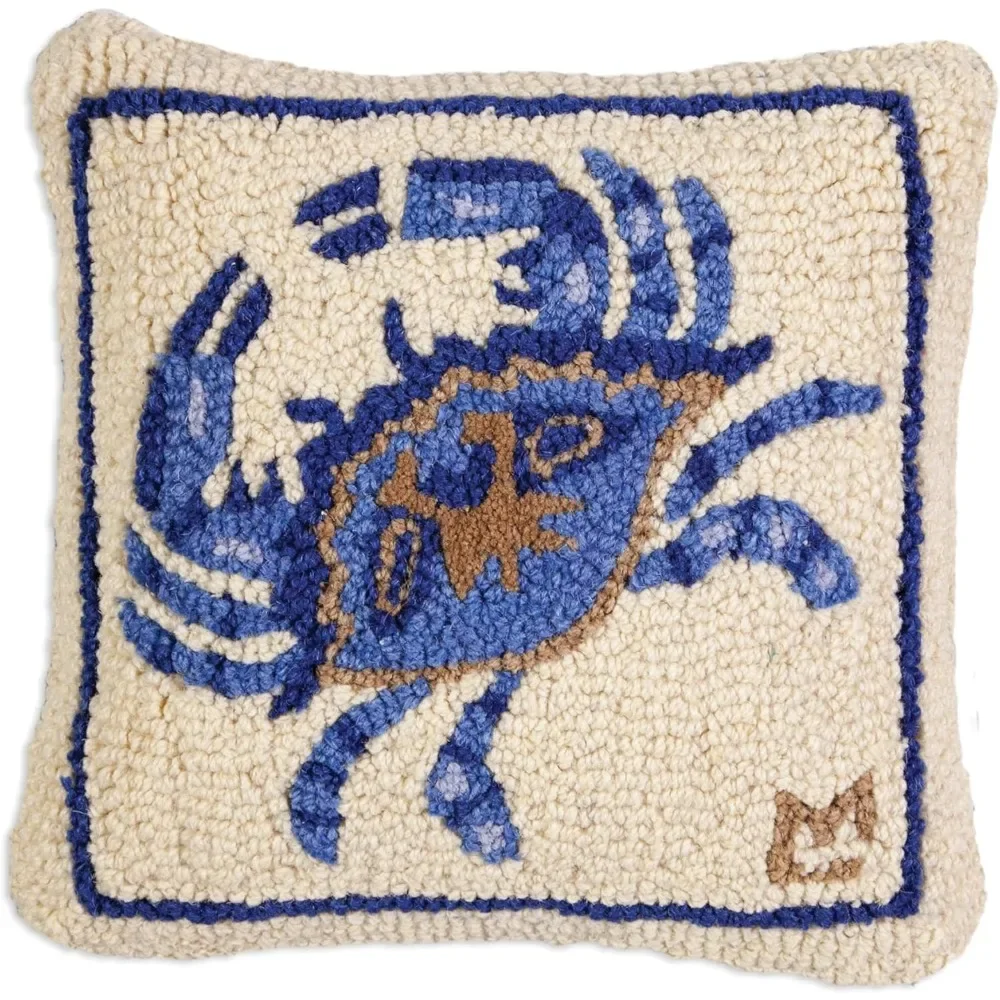 

Artist-Designed Blue Crab Hand-Hooked Wool Decorative Throw Pillow (14 in x 14 in) Marine Life Pillow for Couches & Beds