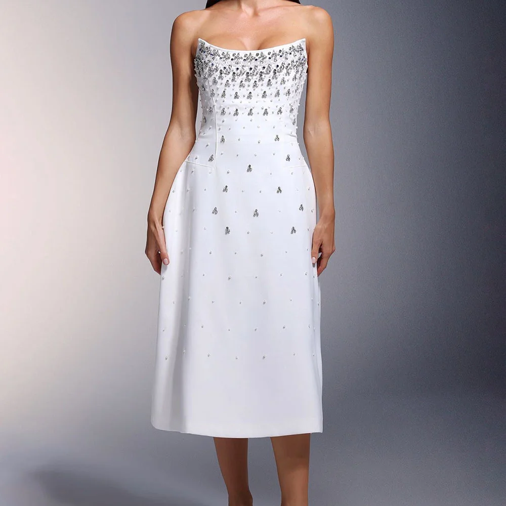 

Customized A-line Evening Dresses Tea-length Strapless Sleeveless Prom Gown Simple Fashion Crystal Beading Backless Party Gown