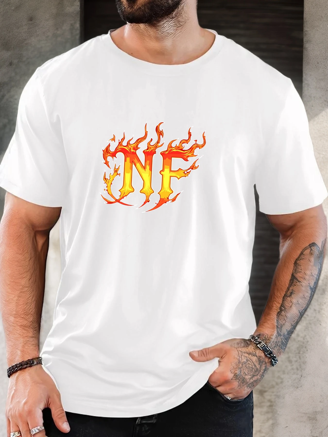 Men Black Crew Neck Tee Flame Style NF Letter Graphic Hip Hop Streetwear Soft Cotton Male Casual Short Sleeve Daily Tops