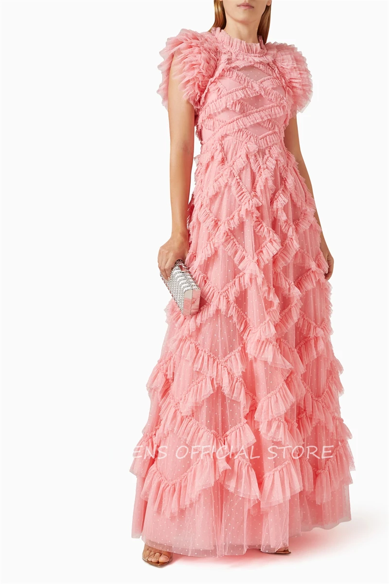 Luxury Pink Tulle Ruched A Line Club Night Prom Dresses O Neck Women Cap Sleeves Custom Evening Gowns Dot Net Formal Party Dress