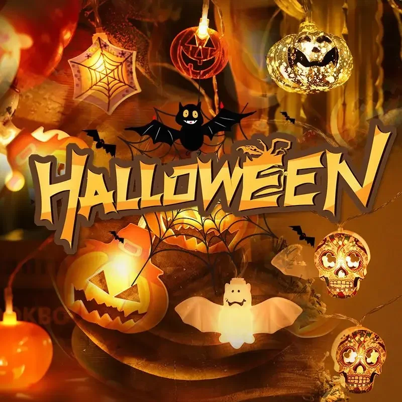 

Halloween LED Battery Powered String Lights with Ghost Witch Cat Pumpkin Spider Web Skeleton Pirate Shape Indoor Decoration Gift