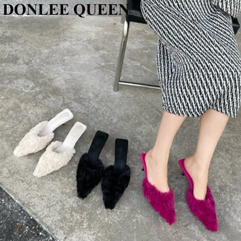 Fashion Women Fur Slides Slippers Pointed Toe Shallow Slip On Plush Shoes Med Heels Mule Black Rose Pink Pumps Party Dress Mujer