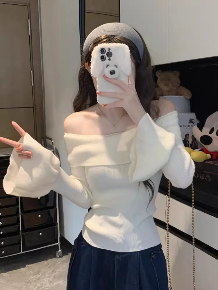 Spicy Girl Shoulder Bared Bell Sleeve Knitted Top Women Spring Autumn Winter Slim Fit Base Layer Shirt Shoulder Exposure Shor...