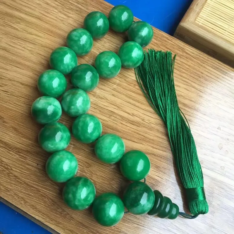 Natural  Green Jade Bracelets  13mm Beads Jasper Jadeite Jade Bracelet with Tassel Rosary for Prayer Men Emerald Jade Bangles