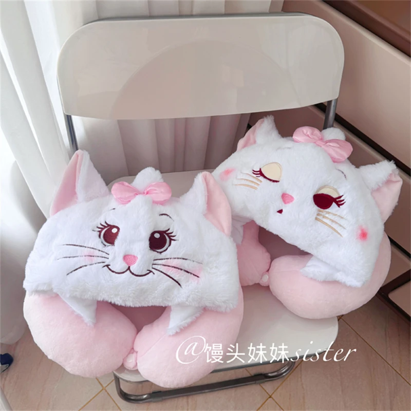 Cartoon Marie Cat Nick U-shaped Hooded Neck Pillow Stuffed Anime White Cat Travel Blackout Nap Pillow Comfortable Gifts Girl