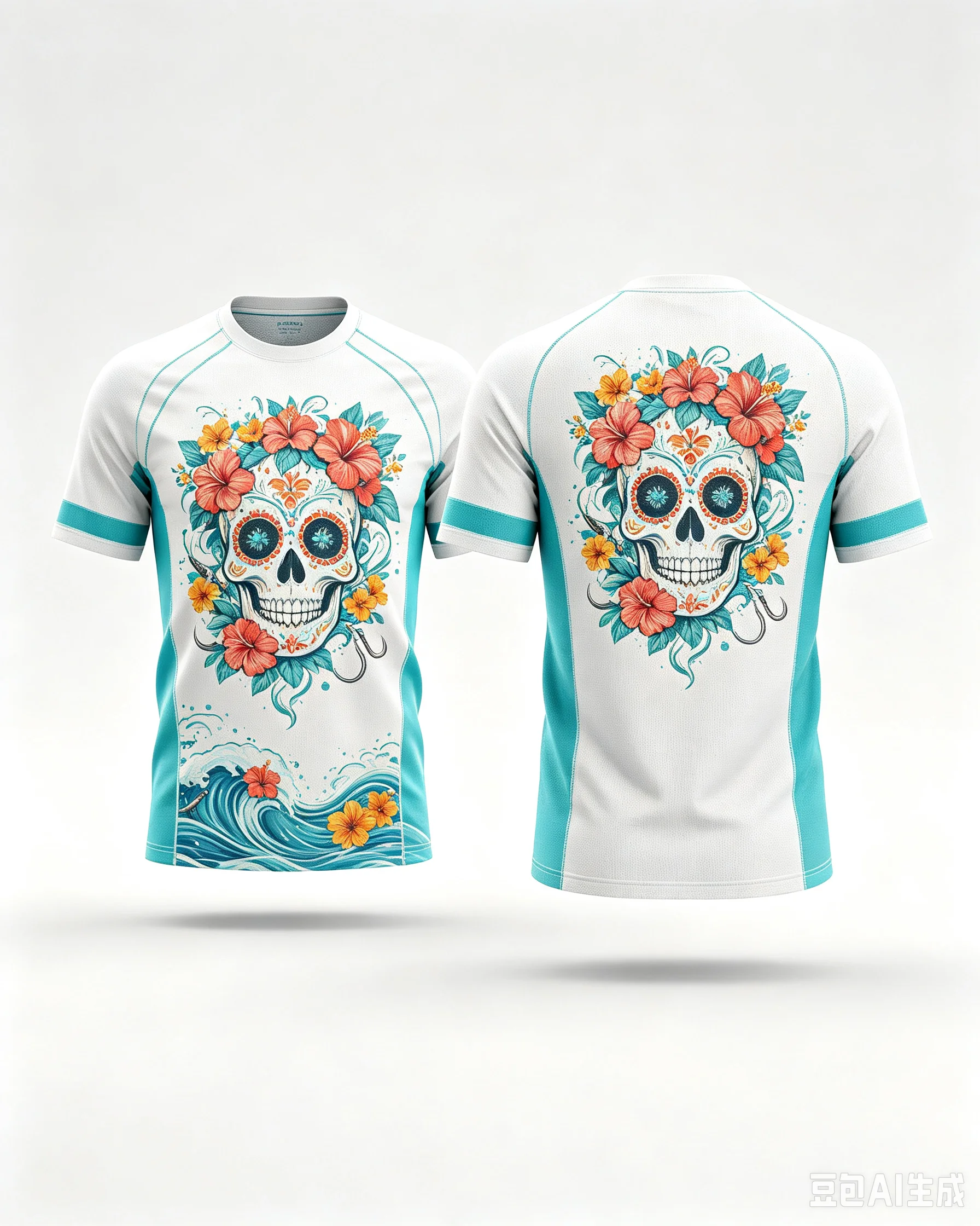 PARENT-CHILD STYLE SHORT-SLEEVED SHIRT FOR SEA FISHING FEATURING DAY OF THE DEAD FLORAL SKULL AND WAVE DESIGNS 3D CREW NECK
