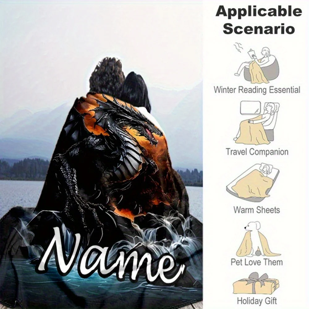 قطعة واحدة من بطانية فانيلا التنين الأسود ذات الاسم المخصص لجميع المواسم، خيار نصي شخصي، مثالي للأريكة وغرفة النوم وغرفة المعيشة