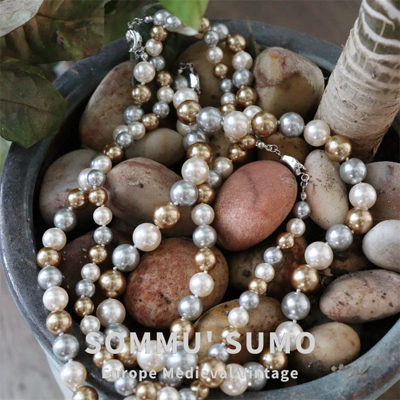 

Maillard Style Vintage Mixed Color Pearl Necklace Light Luxury Minority Oral Sweater Chain Versatile