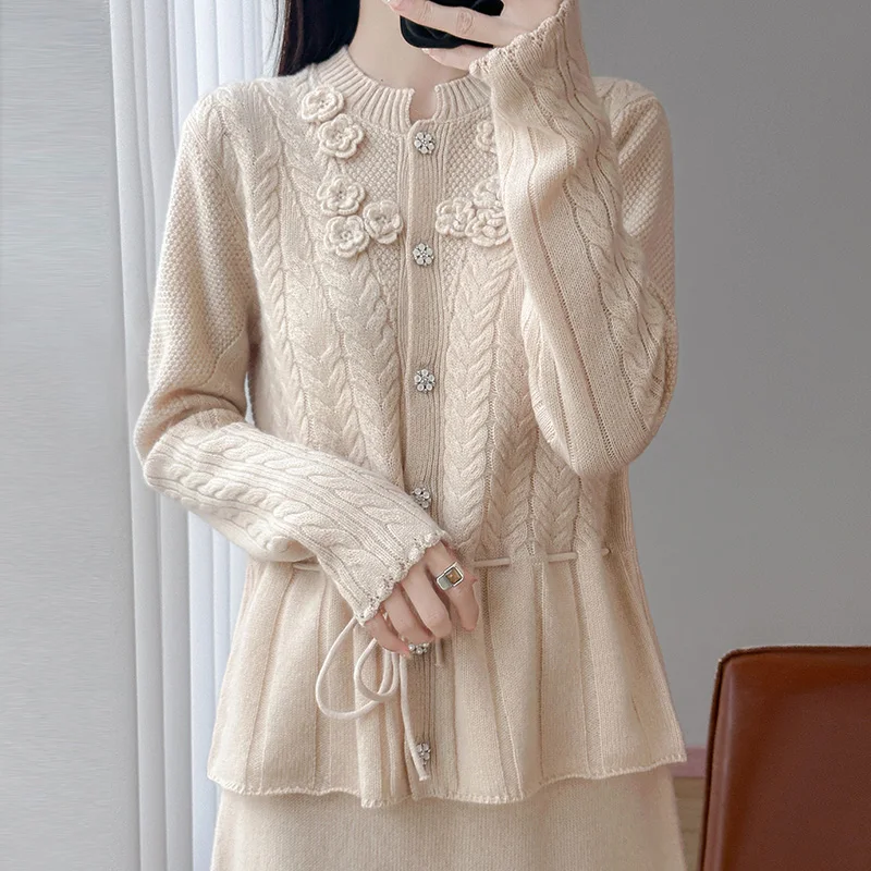 Women's New Chinese 100% Pure Wool Cardigan Fashion Heavy Industry Crochet Knitwear Jacquard Drawstring Coat Loose Thick Sweater