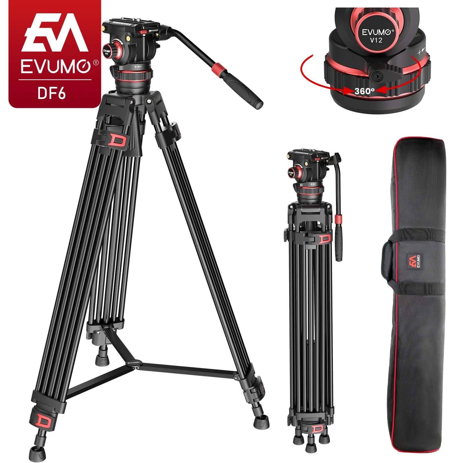 

EVUMO DF6 Professional Photography Tripod Stand Aluminium Alloy Panorama Head Payload 10kg for Camera Camcorder Fluid Video Head