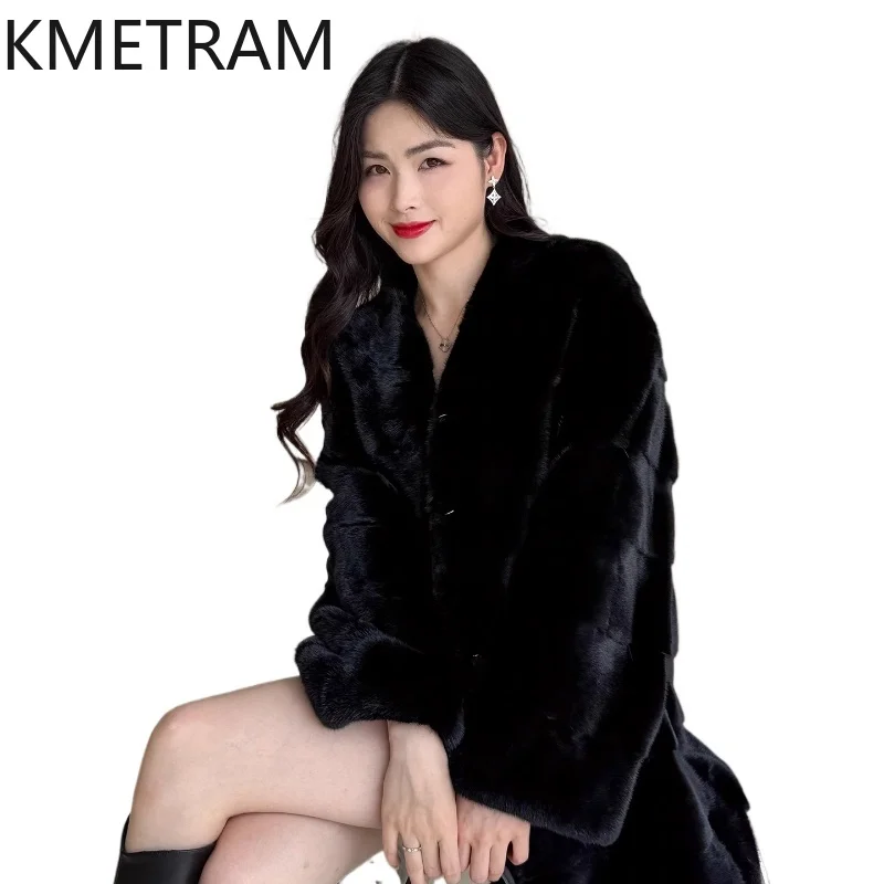 KMETRAM 100% abrigos de piel de visón mujer con cuello en V negro abrigo de piel auténtica longitud media fiesta invierno nueva ropa de abrigo 2025 fourrures femmes