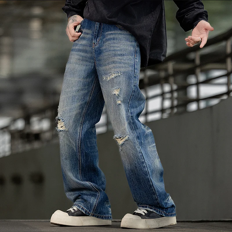 

Washed Ripped Casual Men's Jeans Harajuku Style mid Waist Drawstring Loose Fit Non-Shrink Straight Leg Long Trousers