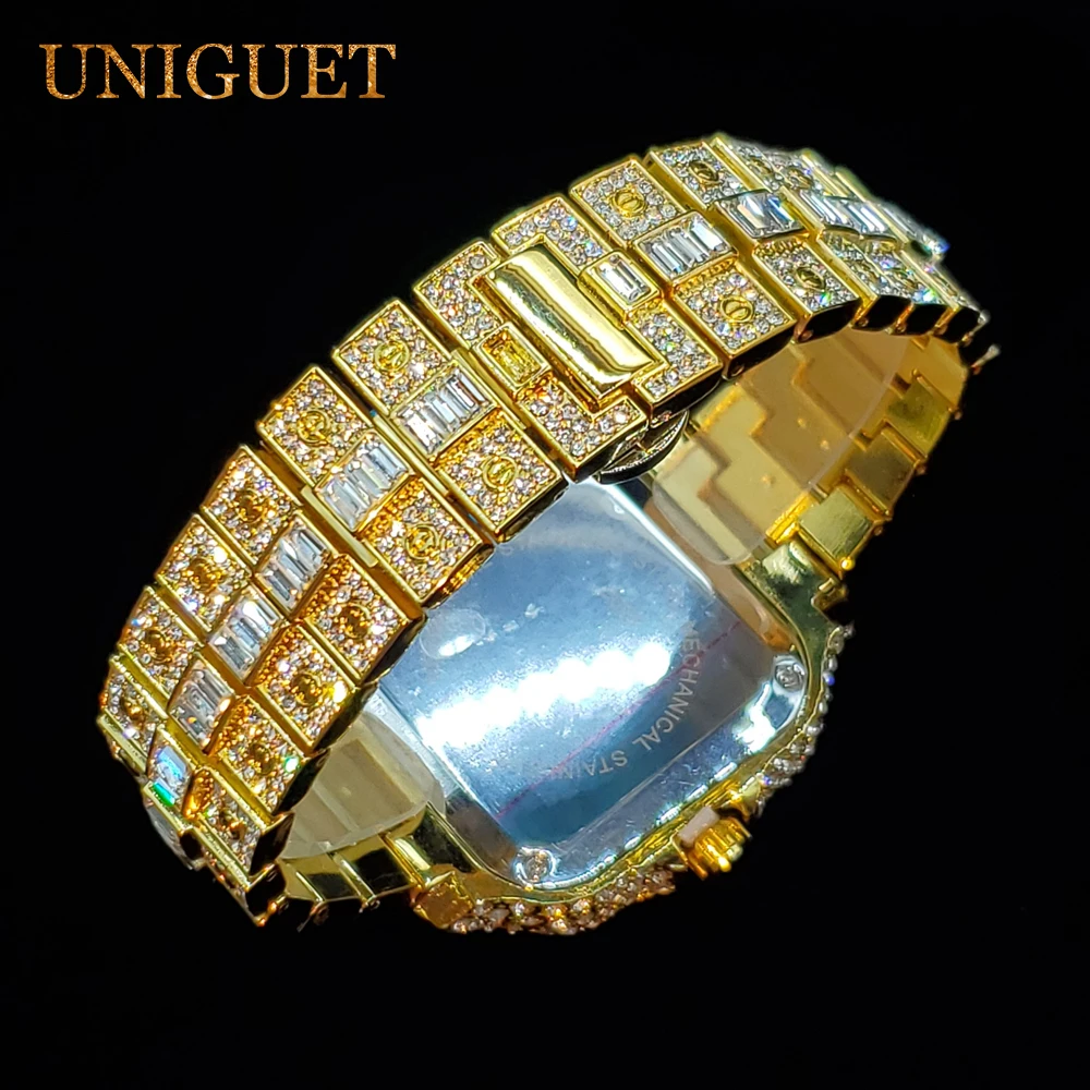 UNIGUET Jam Tangan Berlian untuk Pria Jam Tangan Kuarsa Pria Kalender Titik Biru Persegi Jam Tangan Modis Es Mewah Dropshipping