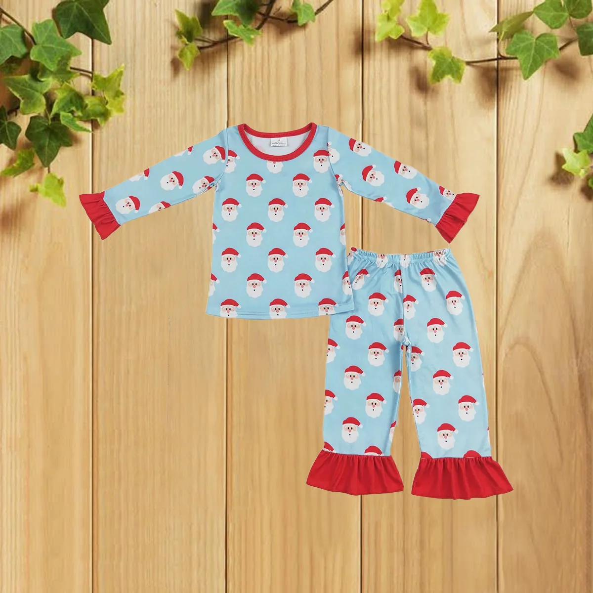 9.23 الأزرق كم طويل فستان أطفال مع حواف الدانتيل للفتيات عيد الميلاد سانتا موضة منامة الخريف الأكثر مبيعا ملابس نوم للأطفال