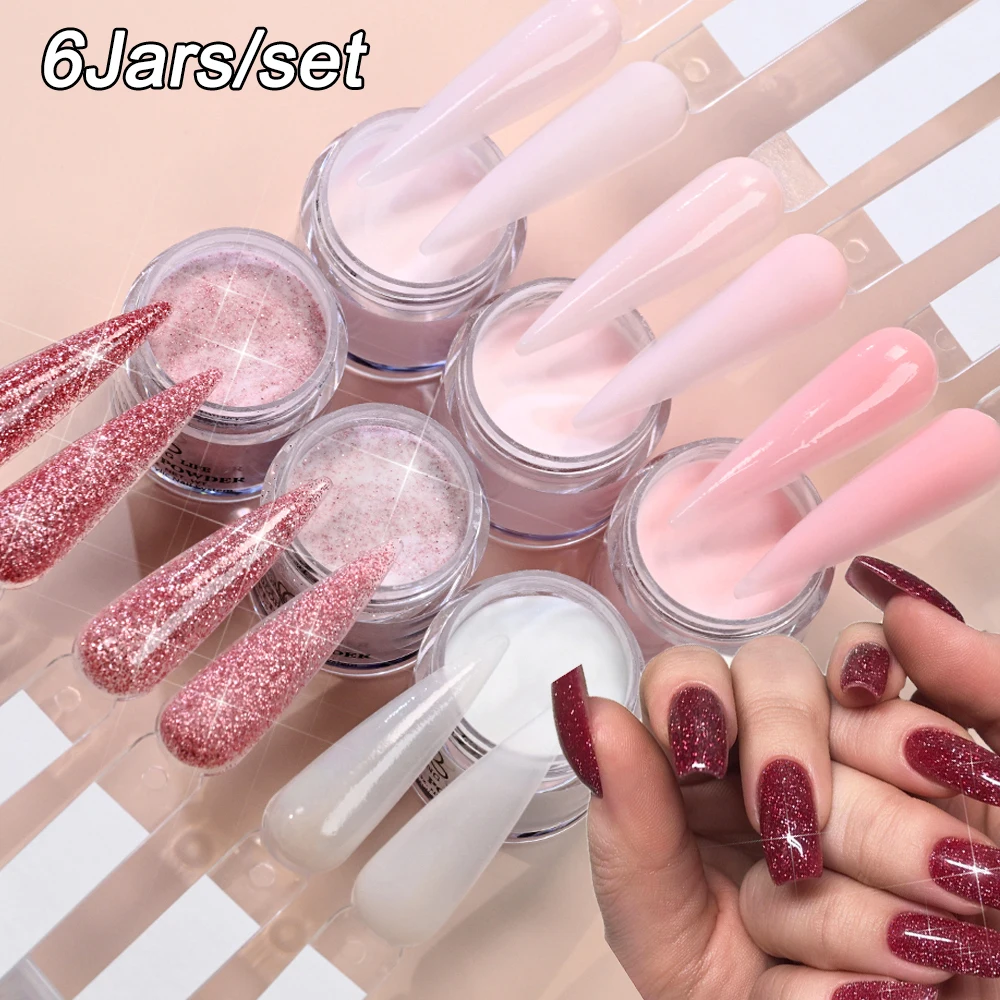 

6 баночек акриловой пудры для ногтей цвета нюд-роз, профессиональный набор 3 в 1 для наращивания/гравировки/дип-маникюра, кристаллический пигмент, блестки для ногтей
