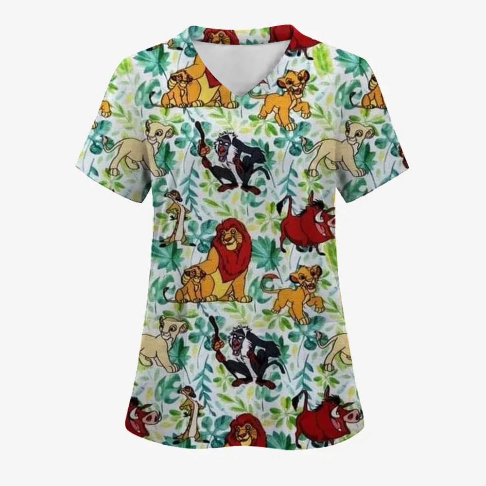 المرأة العمل موحدة طباعة الكرتون الأسد الملك قصيرة الأكمام الخامس الرقبة القمم فام بلوزة ممرضة ملابس العمل الزي الطبي