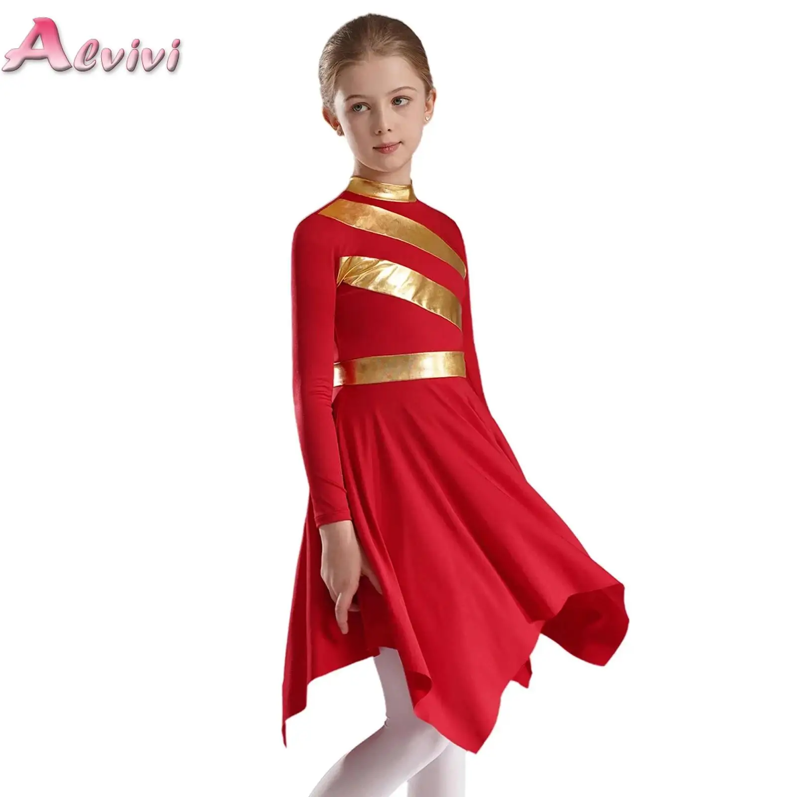 Girls Sequins Color Block Asymmetrical Ballet Dance Dress Modern Lyrical Dance Costume Worship Robe Liturgical Lyrical Dancewear
