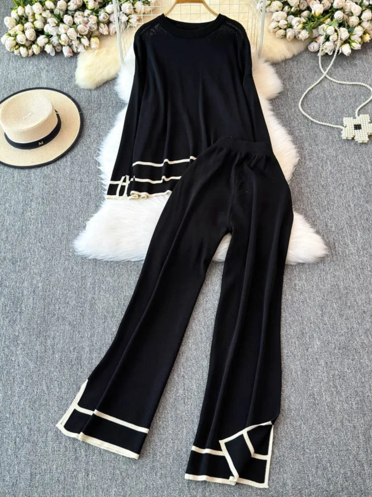 Autumn Fashion Solid Knitted 2 Piece Sets Women Outfits Loose Sweater Top + Wide-Leg Pants Suits Fashion New Female Clothes 2024