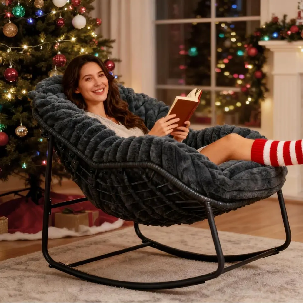 

Outdoor Wicker Egg Chair, Indoor Oversized Papasan with Cushion, Patio Rocking Chair in Grey