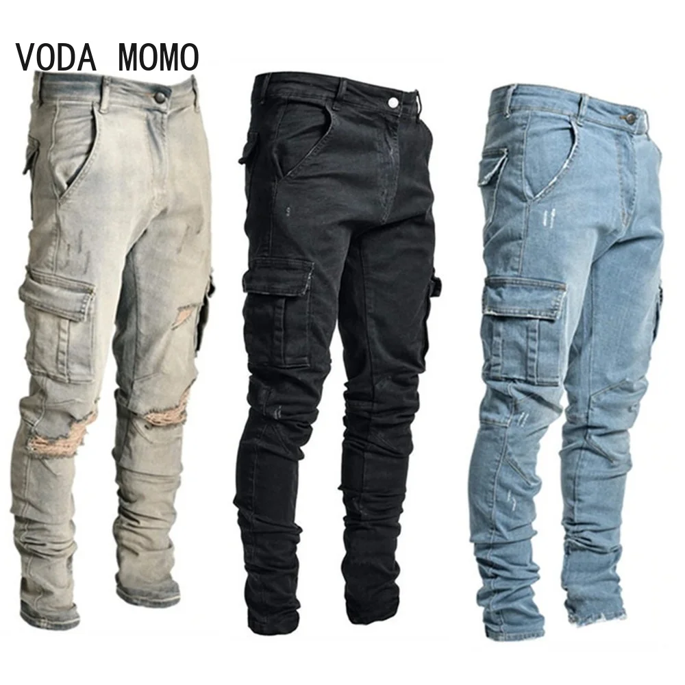 Jeans jeans de algodão casual masculino, jeans rasgado, buraco angustiado, calças cargo, bolsos laterais, moda europeia, mais recente, 2022