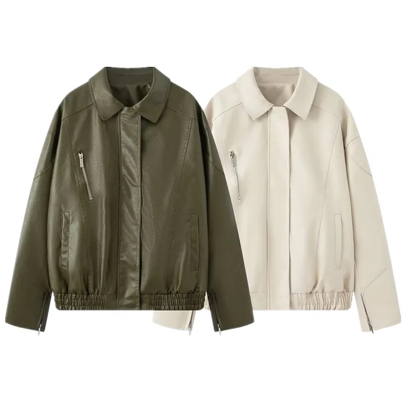 Retro Sle losse casual leren Jaet dames faionable veelzijdige herfst nieuwe collectie lange Sve jas met ritssluiting