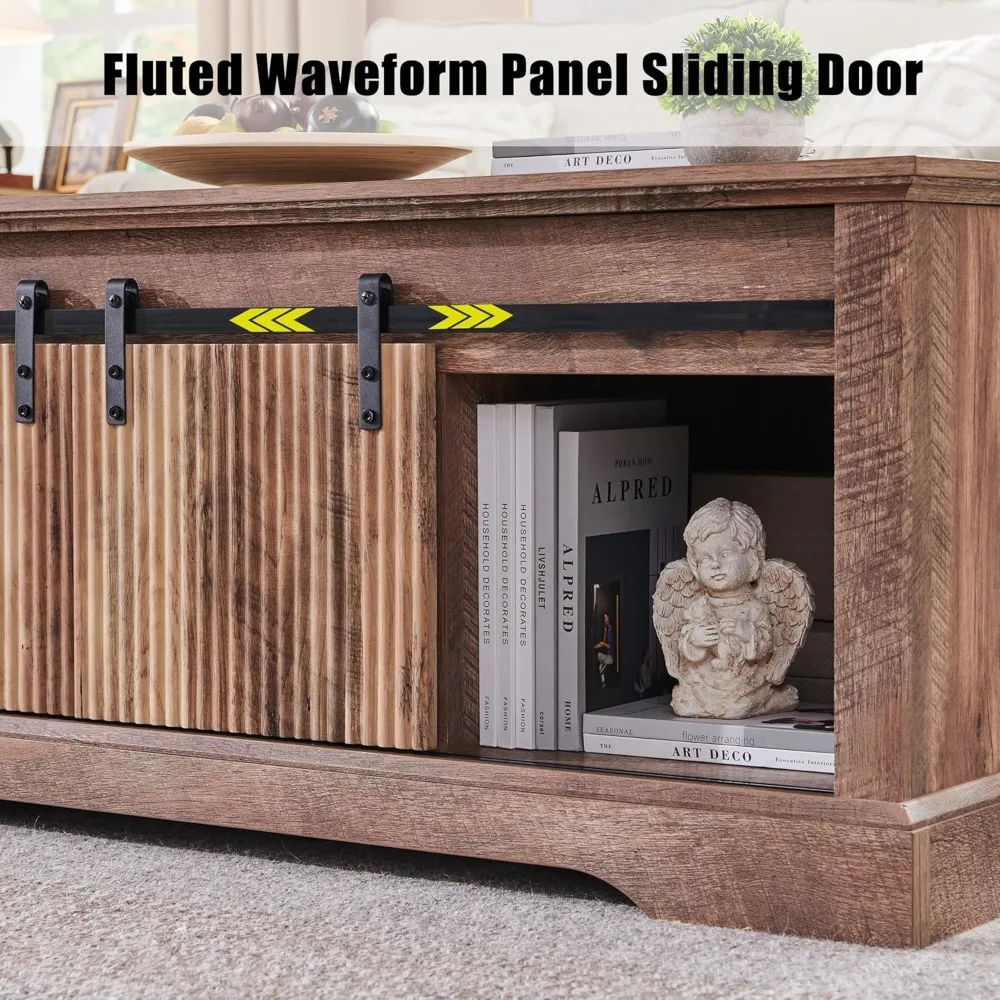 46" Fluted Lift Top Coffee Table with Sliding Door, Modern Center Table w/Adjustable Storage Shelf & Hidden Compartment, Coffee