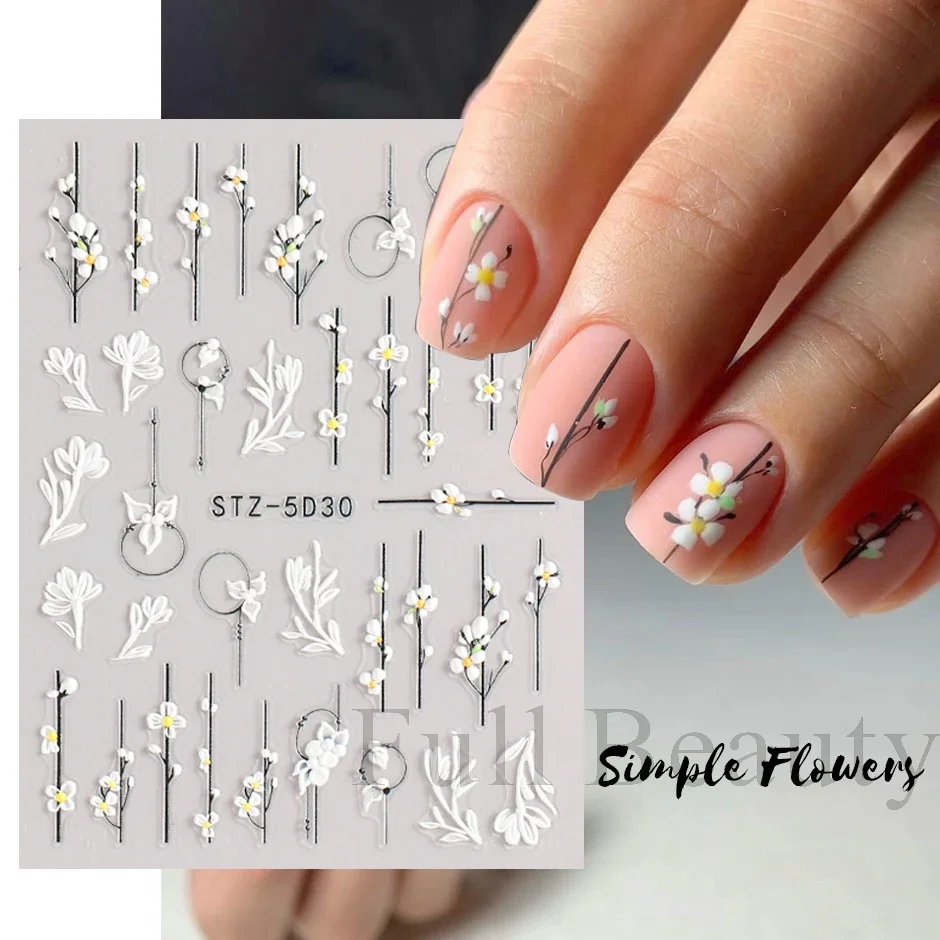 5D Simple Flowers Nail Embossed Stickers Elegrant Wedding Design Adhesive Sliders Summer Textured Engraved Decoration LYSTZ5D-30