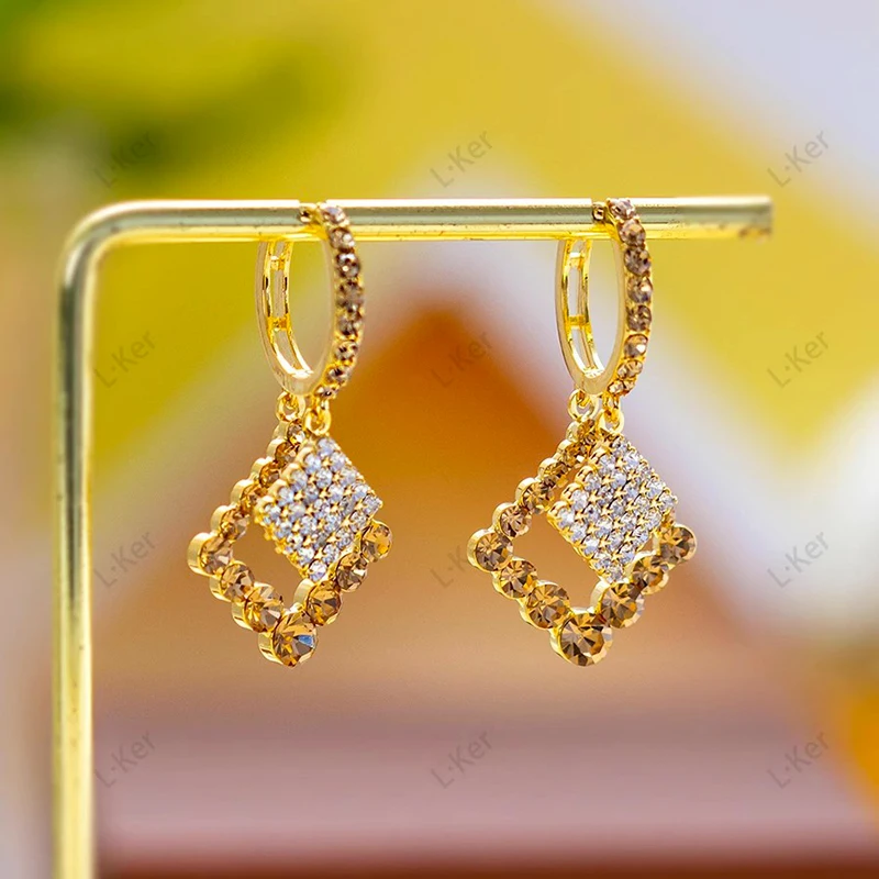 

Brown Full Rhinestone Square Hollow Double Pendant Earrings for Women New Fashion Trend Temperament Girls Party Jewelry Gift