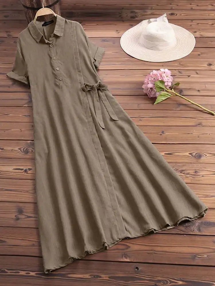 Women Summer Dress ZANZEA Vintage Maxi Sundress Fashion Solid Lapel Button Pockets Vestidos Casual Elegant Shirt Dresses Robe