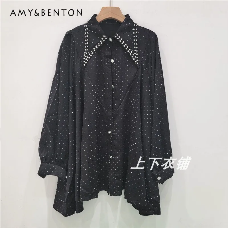 Heavy Industry Bead Shirt Women Light Luxury Full Diamond Lapel Loose Shirts 2024 Autumn Long Sleeve Versatile Casual Camisas