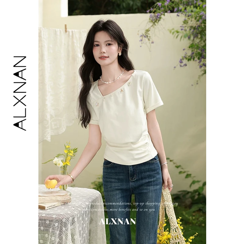 

ALXNAN Asymmetrical Neck T-shirt Women Summer New Slim Fit Short Sleeve T-shirts 2026 Casual Elegant Cotton Ladies Tops L65130