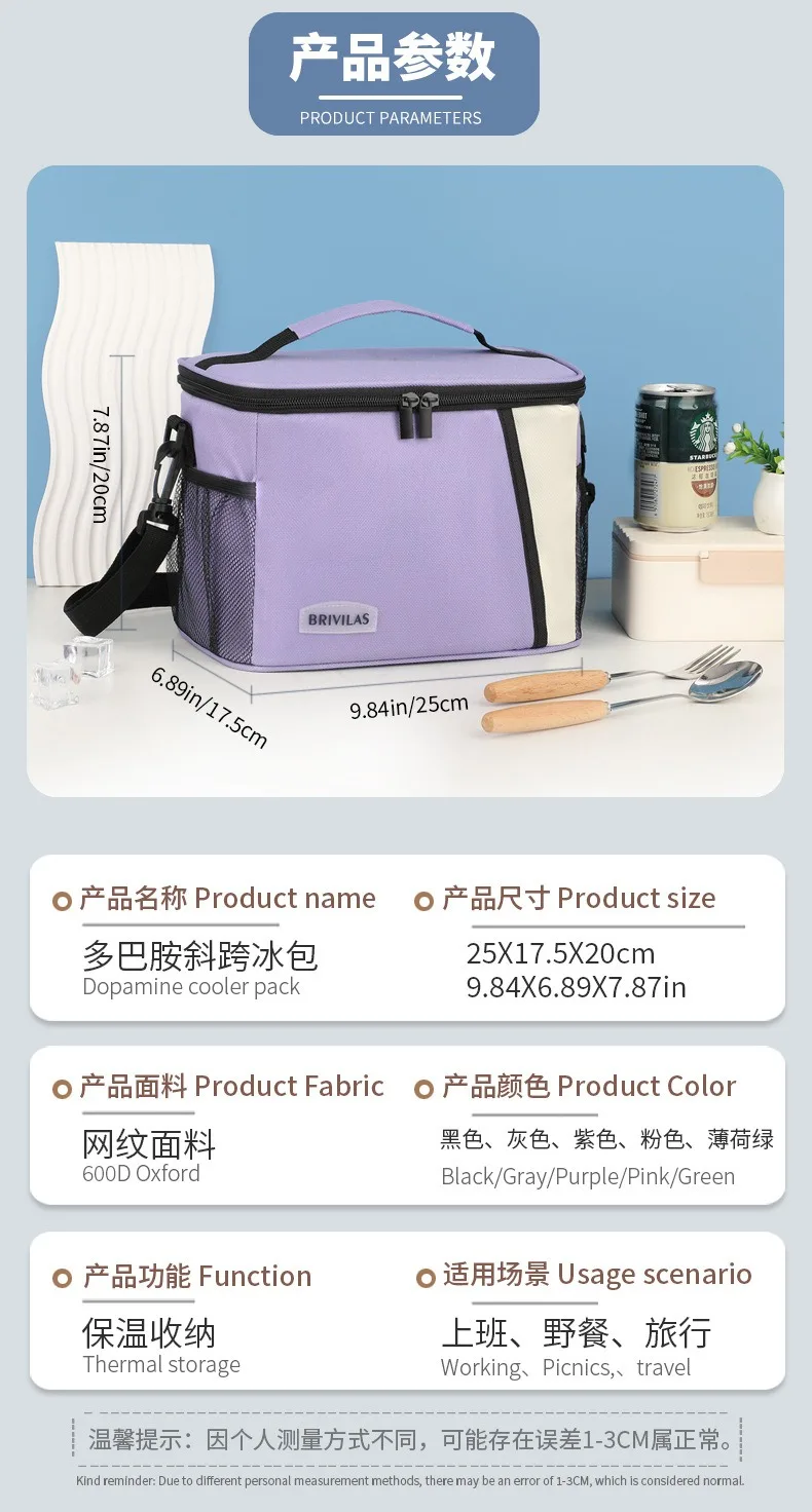 Ein Muss im Winter! Dopamin-Farbige Picknick-Kühltasche, Diagonal über die Schulter, Quadratische Lunchtasche, Tragbar für unterwegs, Verdickte Aluminiumfolie – Detail 3