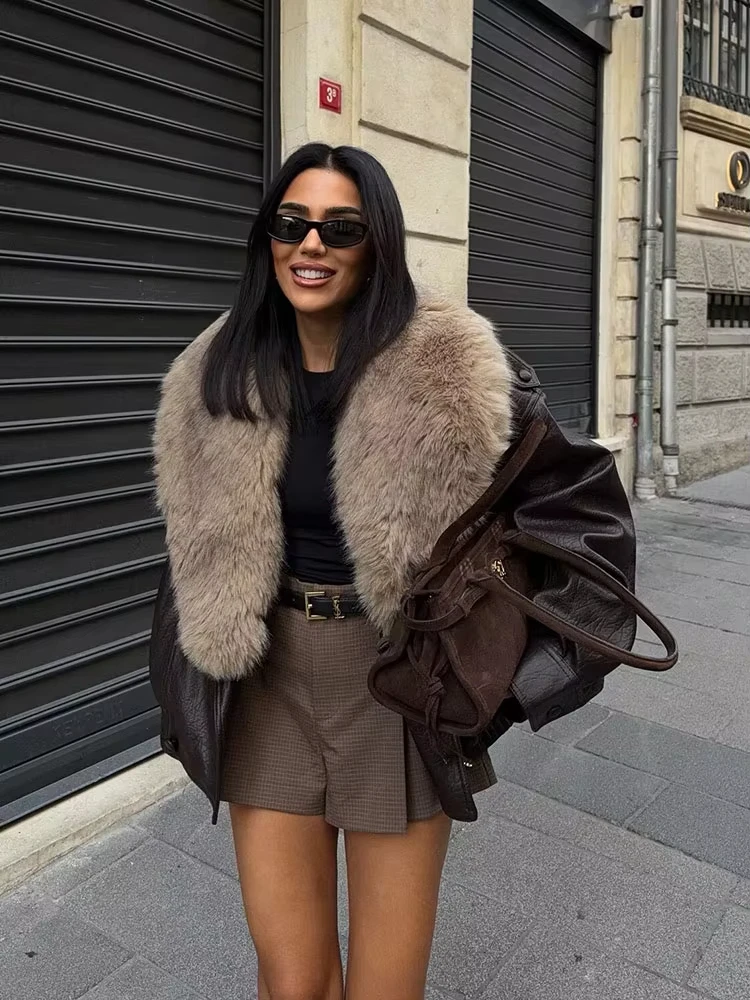 HH 2026 Frauen Mode Vintage Faux Pelz Kragen Mantel Langarm Faux Leder Jacke Herbst Winter High Street Lady Chic outwear