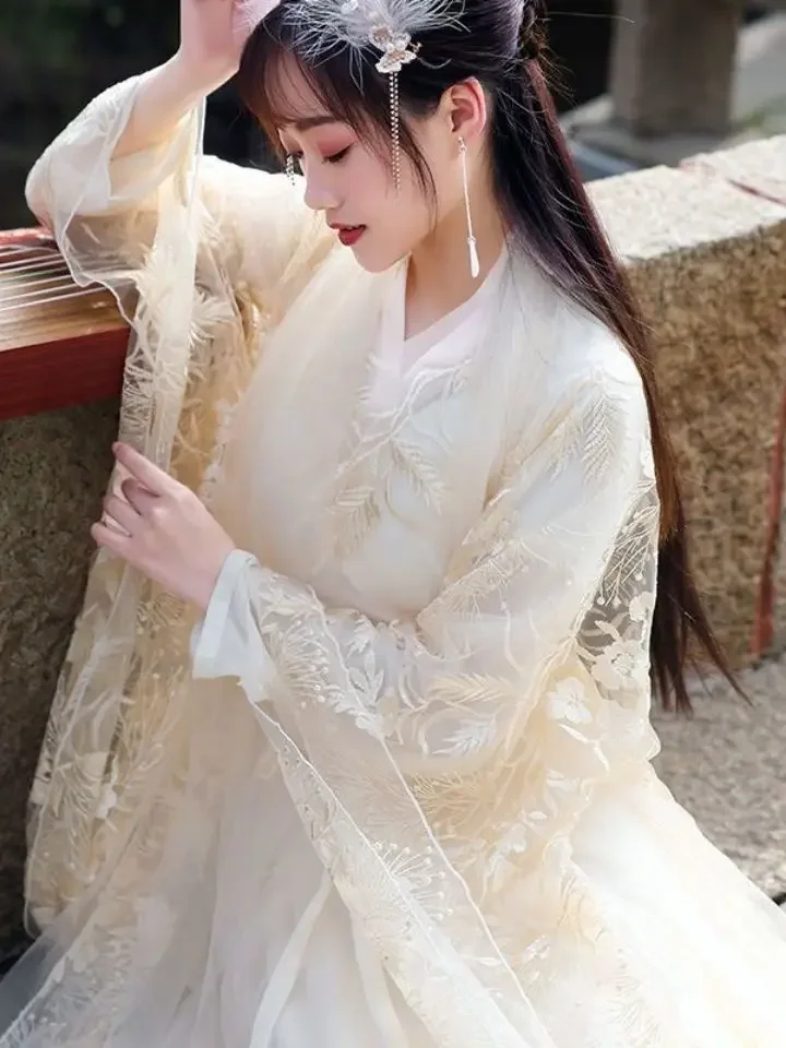 Spitze Stickerei Hanfu Weibliche Cosplay Kostüm Sommer Atmungsaktive Fee Chinesischen Stil Kleid Nationalen Tanz Performance Kleidung