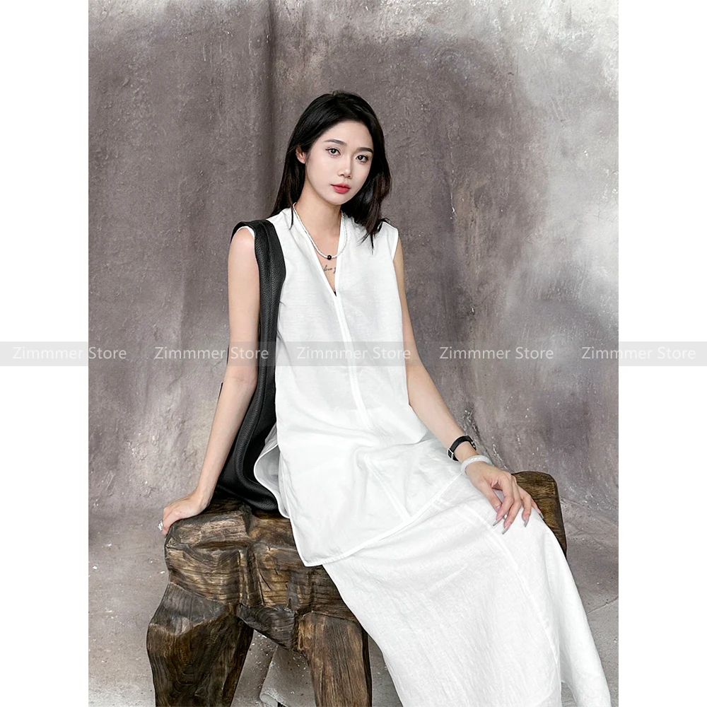 

High-end white v-neck linen top women summer 2024 new lazy sleeveless shirt