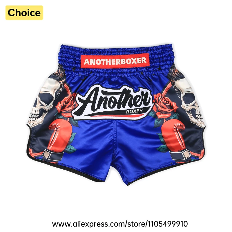 Blaue Muay-Thai-Shorts, Satin, mit Totenkopf-Motiv, für Kampfsport, Unisex, für Männer und Frauen, schnelltrocknend, für Kampfkunst, Boxen, Kickboxen, Sparring und Training.