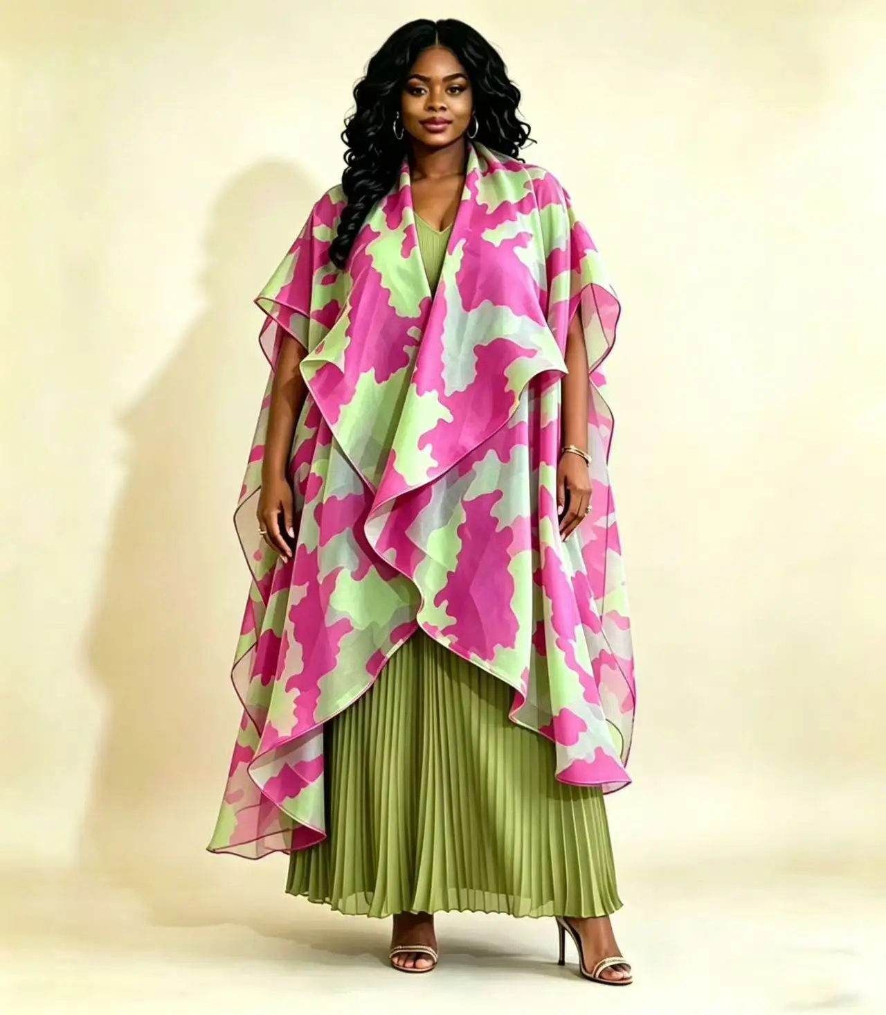 2026 Miyake Pleated African Printed Loose Pants + Short-sleeved Top + Organza Shawl Three-piece Pants Cover