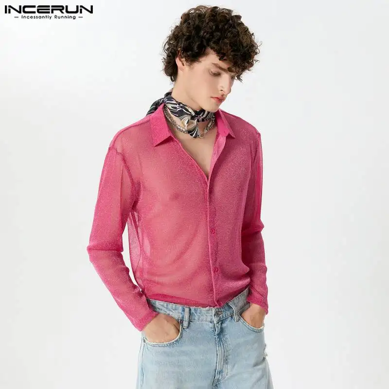 INCERUN Tops 2024 Handsome New Men\'s Slightly Translucent Flash Fabric Shirts Fashion Casual Male Thin Long Sleeved Blouse S-5XL