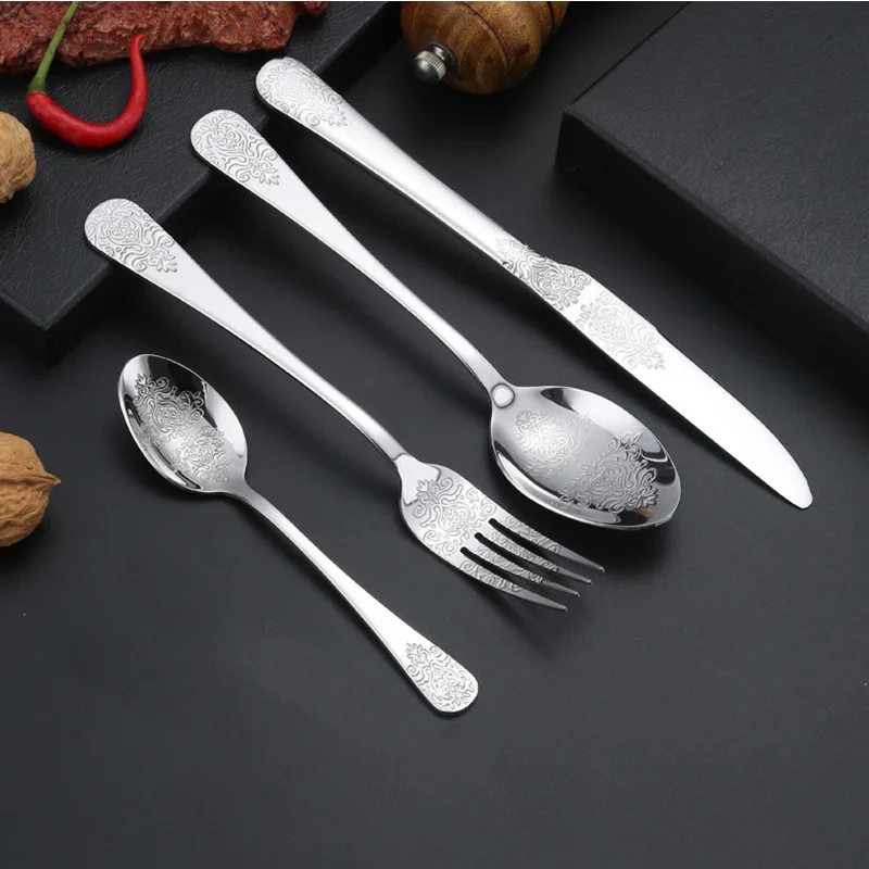 

Stainless Steel Cutlery Set with Knife Fork Spoon Silverware Set for Restaurant Hotel Exquisite Carving Handle Silver Tableware