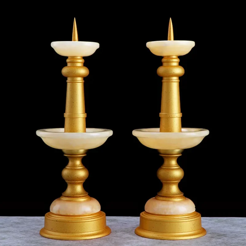 Vintage Brass Candle Holder with Jade Inlay Antique Style Buddhist Altar Decor Traditional Home Ornament for Living Room