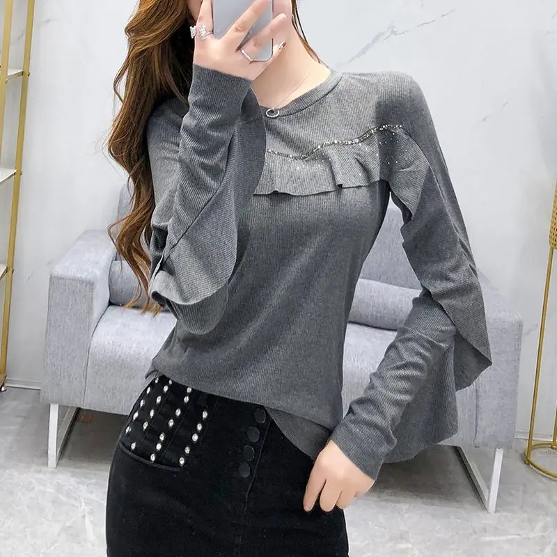 Spring Autumn New Fashion Round Neck Long Sleeve Solid T-Shirts T-Shirts Ruffles Diamonds Pullovers Simplicity Patchwork Tops