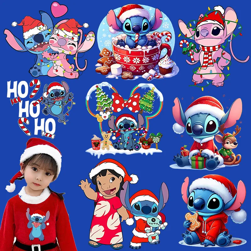 Lilo Stitch Christmas Heat Transfer Sticker New Year Santa Angel Clothes DIY Decoration Anime Boojiboo Ironing Patches Xmas Gift