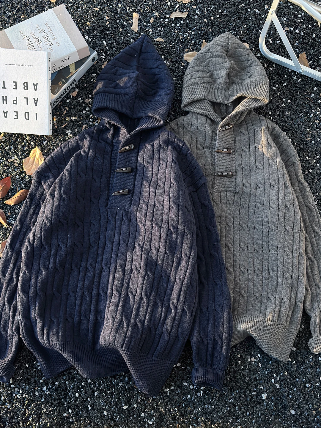 

Heavyweight Hooded Knitwear Men's Winter American Retro Twisted Pattern Casual Loose Cable Sweater Coat Thi Long Sve