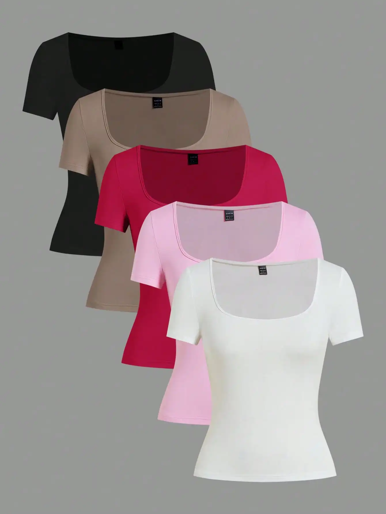 

Набор из 5 женских трикотажных футболок с квадратным вырезом и короткими рукавами, однотонные