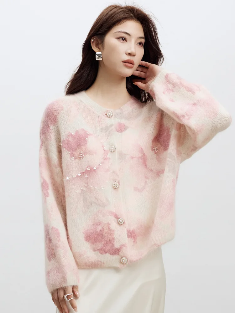 Birdtree 26,6 % Wolle 30,5 % Mohair-Cardigan, einreihiger Strickmantel aus Wollmischung mit Damenmuster, Farbstoff, volle Ärmel, Nagelperlen, Strickmantel T58904JF