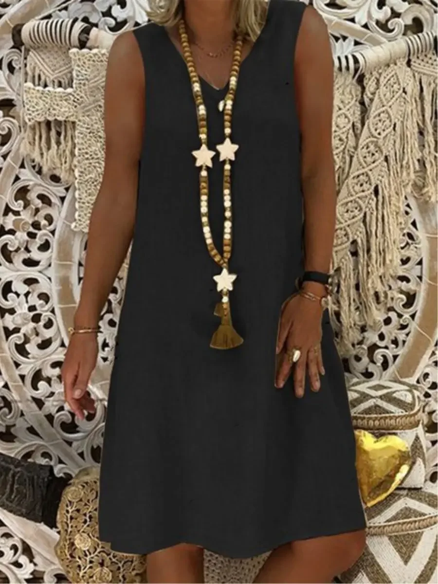 فساتين نسائية من الكتان القطني البوهو ، رقبة على شكل حرف V ، أكمام قصيرة ، فستان فضفاض غير رسمي متوسط الطول ، موضة الشارع النسائية ، الصيف ، #5